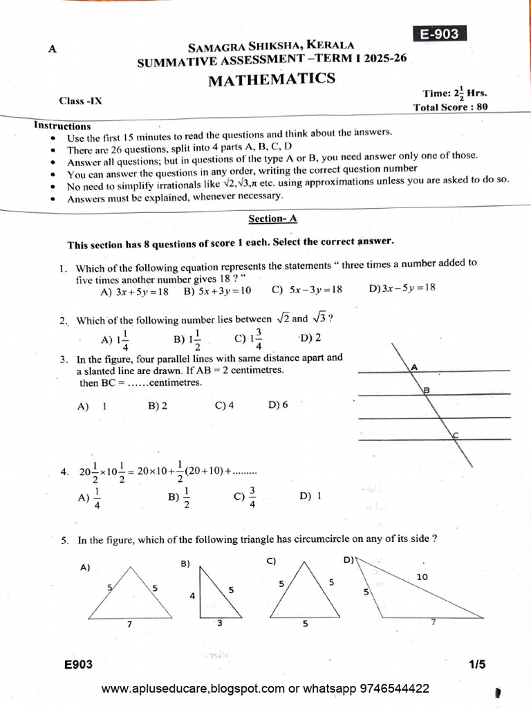 A+ Blog Class 9 Mathematics Summative Assesment Term 1 2025 26 QN Paper ...
