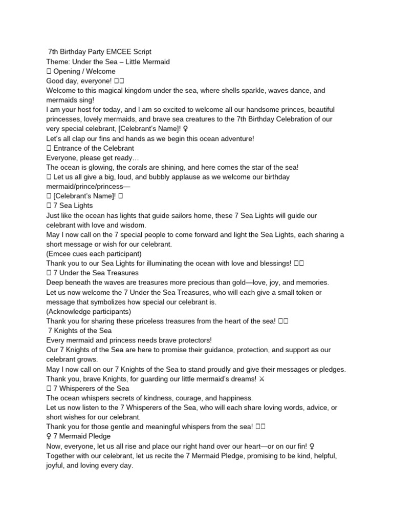 7th Birthday Party EMCEE Script | PDF