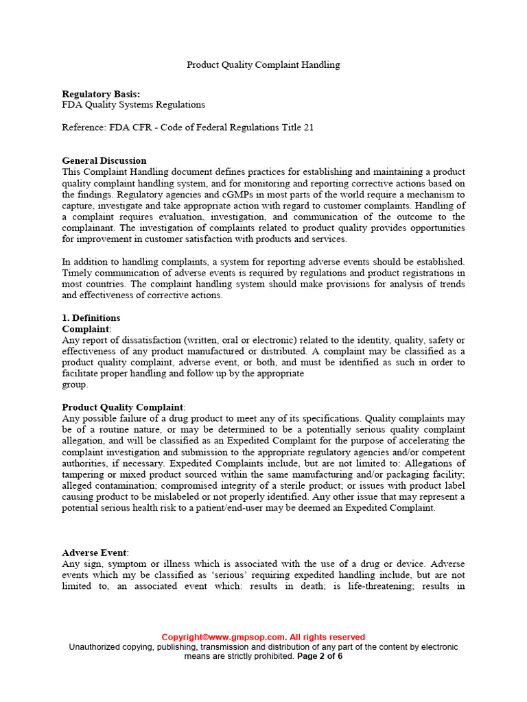 QMS MANUAL 002 Product Quality Complaint Handling Sample | PDF ...