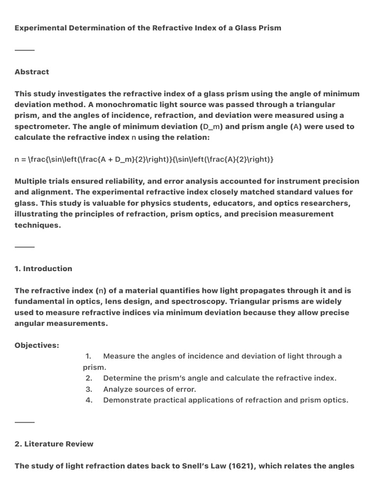 Experimental Determination of the Refractive Index of a Glass Prism 2 ...