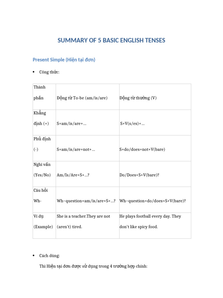 5 Basic English Tenses Table Version | PDF