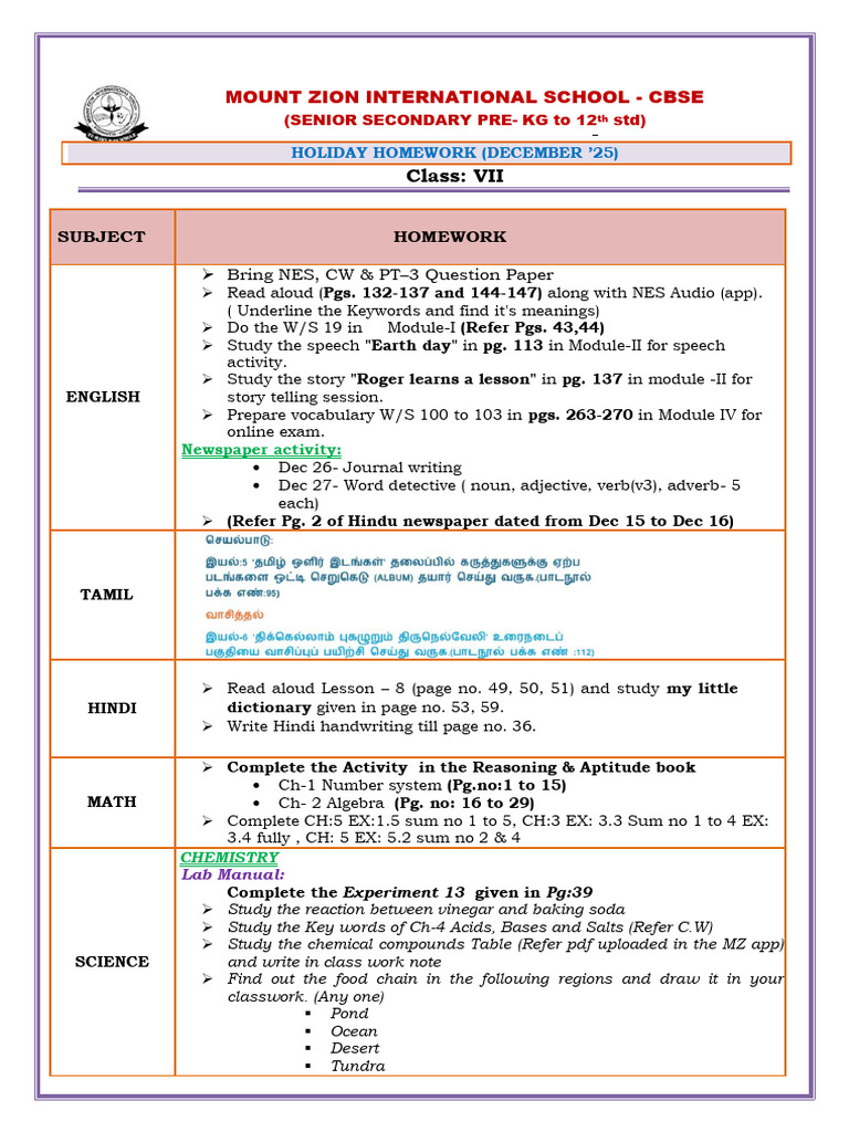 Class 7 - Holiday Homework | PDF | Linguistics