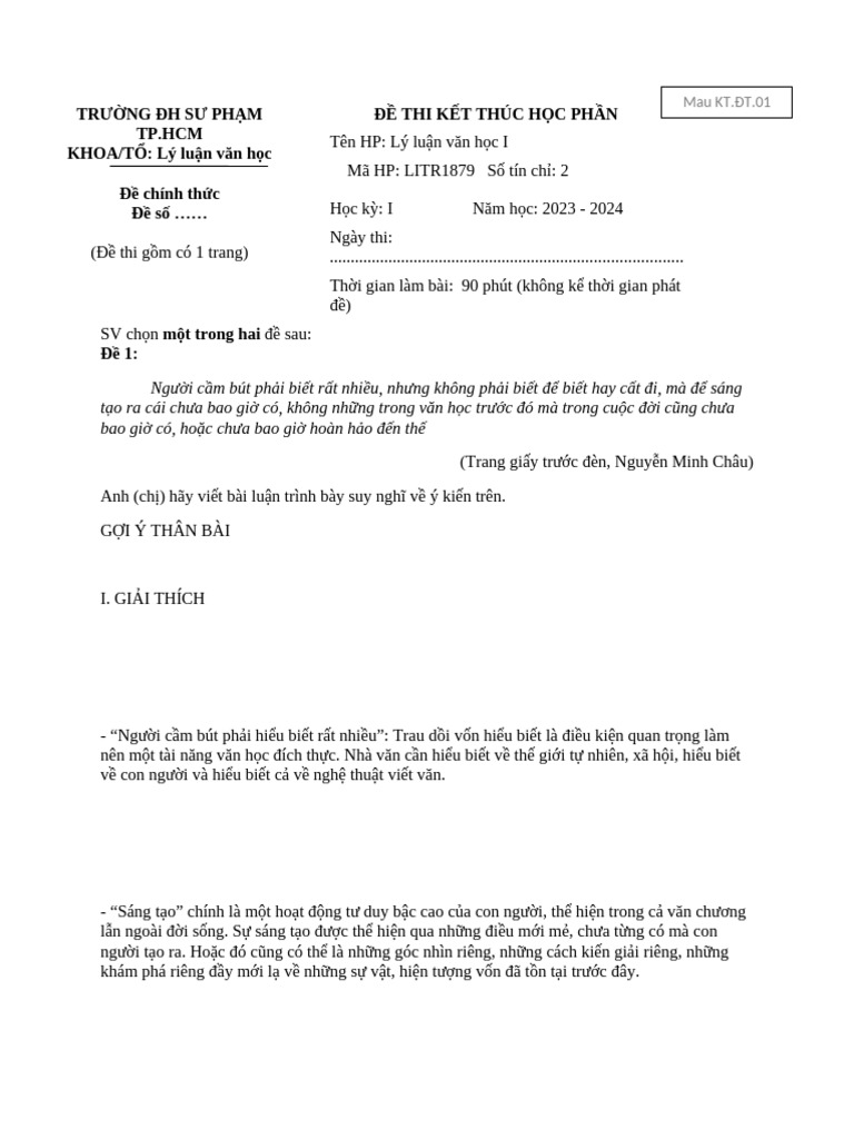 De Thi LLVH1 Nganhvanhoc TLD | PDF