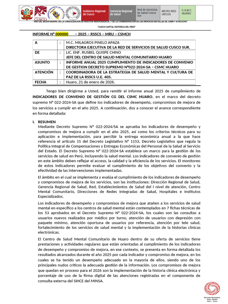 Informe Anual CG 2025 CSMC Huaro | PDF | Cuidado de la salud | Salud mental