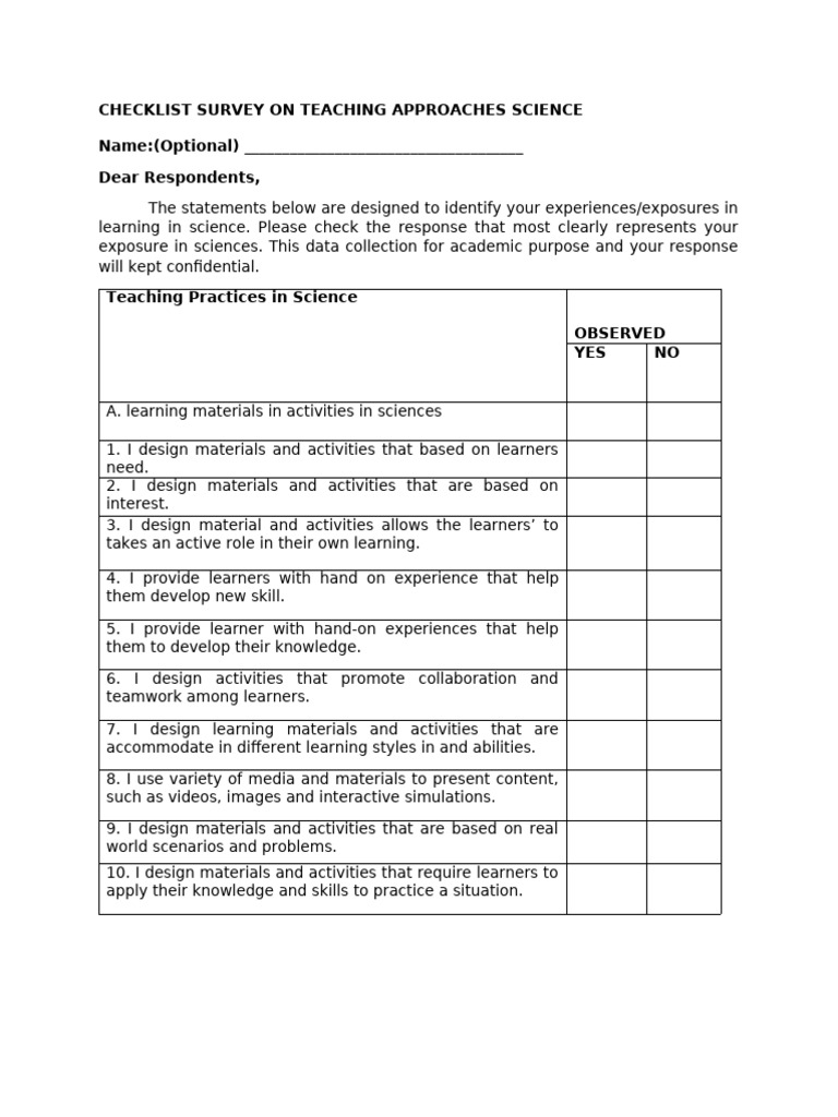 Checklist Survey On Teaching Approaches Science | PDF | Learning ...