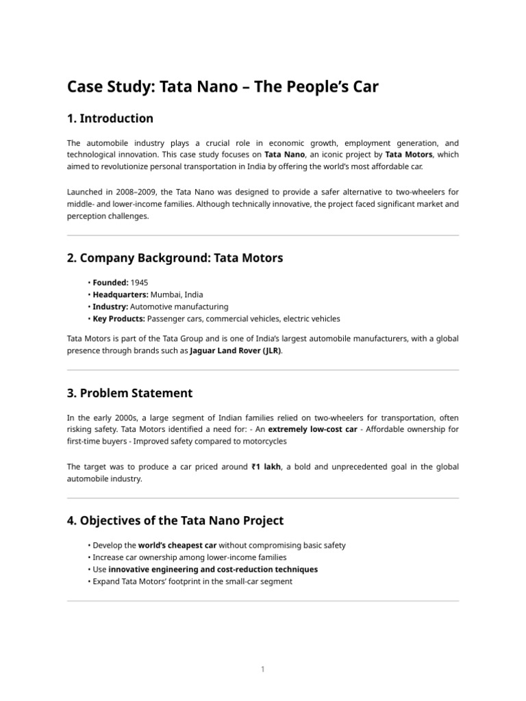 Automobile Case Study - Tata Nano (Tata Motors) | PDF | Car | Vehicles