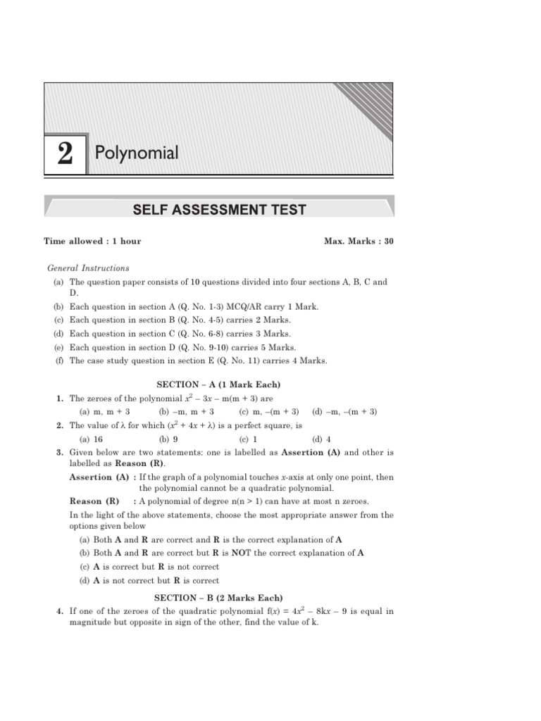 Ch. - 2 Class X Maths-Self Assessment Test | PDF | Zero Of A Function ...