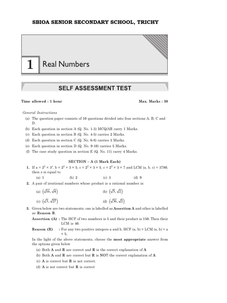 Ch. - 1 Class X Maths-Self Assessment Test | PDF | Elementary ...