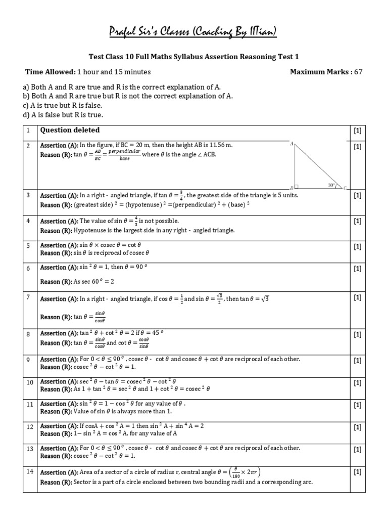 Test Class 10 Full Maths Syllabus Assertion Reasoning Test 1 | PDF ...