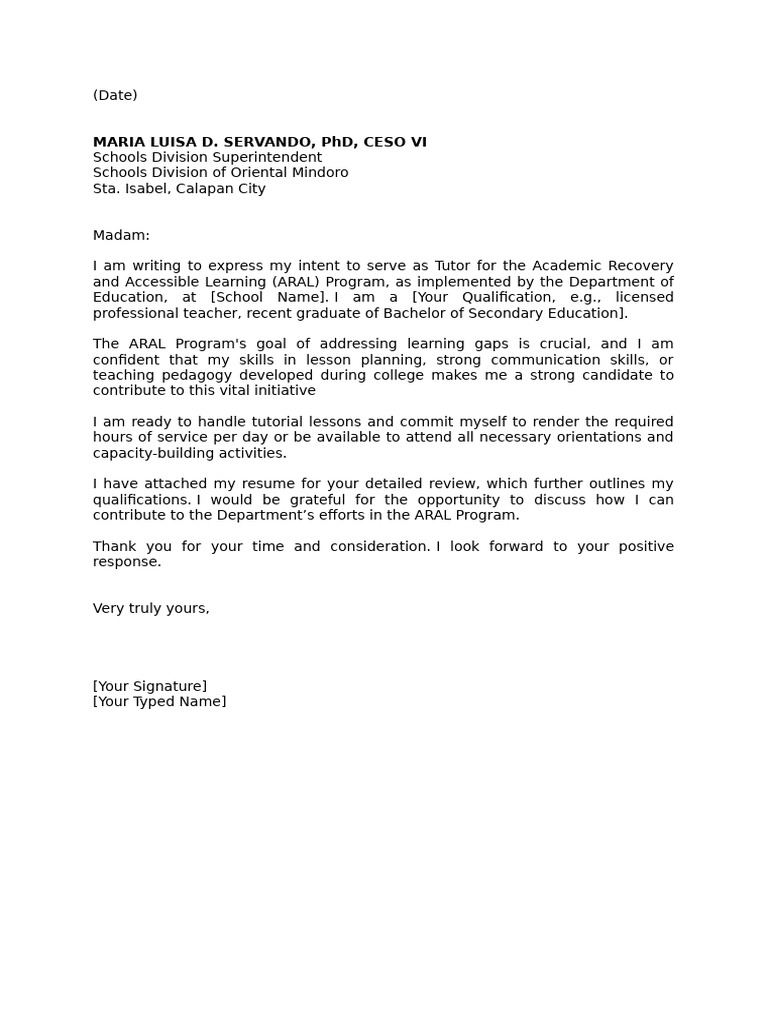 Sample Application Letter ARAL Tutor | PDF