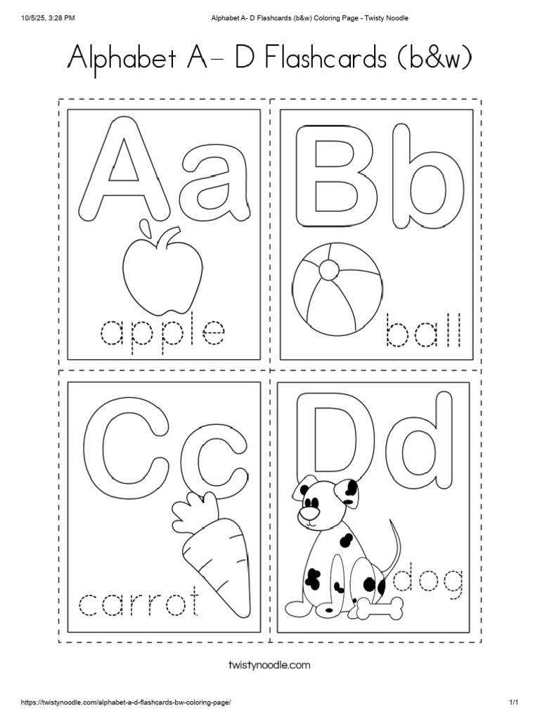 Alphabet A - D Flashcards (B&W) Coloring Page - Twisty Noodle | PDF
