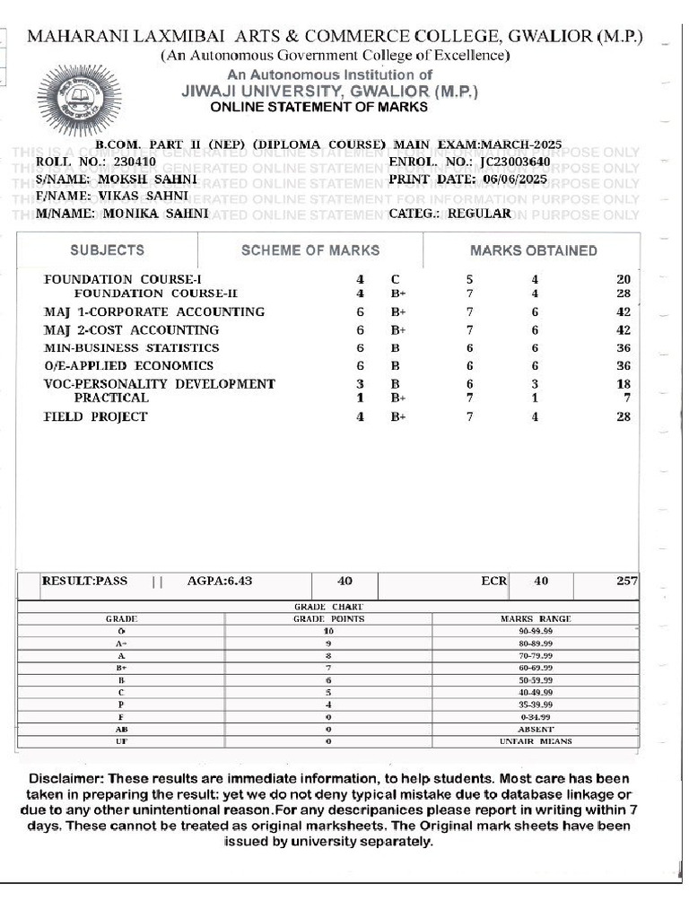 B Com 2nd Year Marksheet | PDF