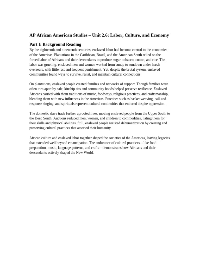 AP AAS Unit 2.6 Enslaved Labor Worksheet | PDF | Slavery In The United ...