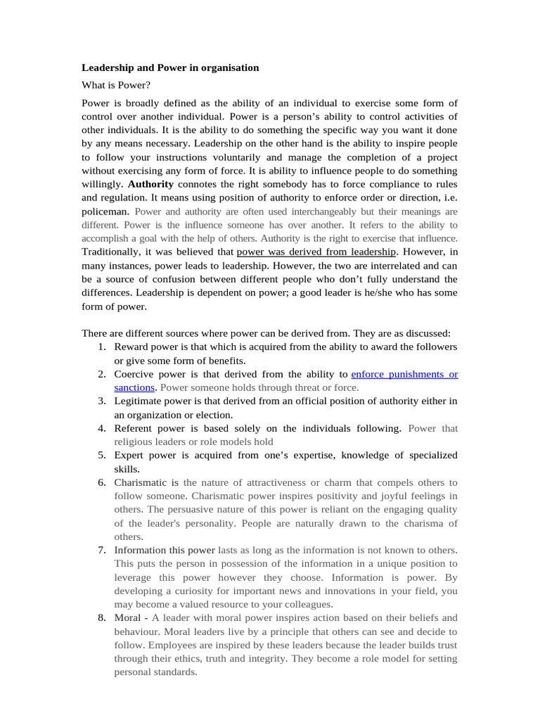 Leadership and Power in Organisation | PDF | Leadership | Interpersonal ...