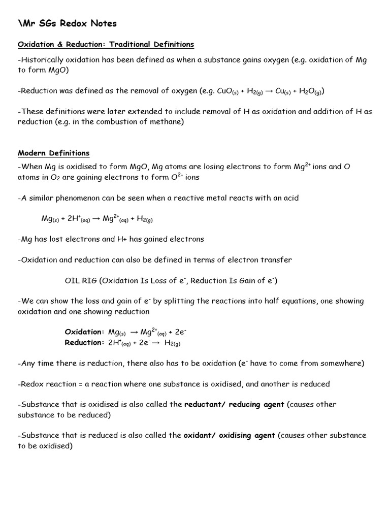 MR SGs Redox & Cells Notes | PDF | Redox | Anode