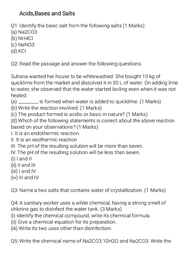 Acids Bases and Salts Question Paper | PDF | Acid | Hydrochloric Acid