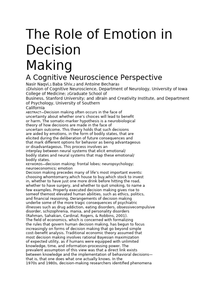 The Role of Emotion in Decision | PDF | Decision Theory | Decision Making