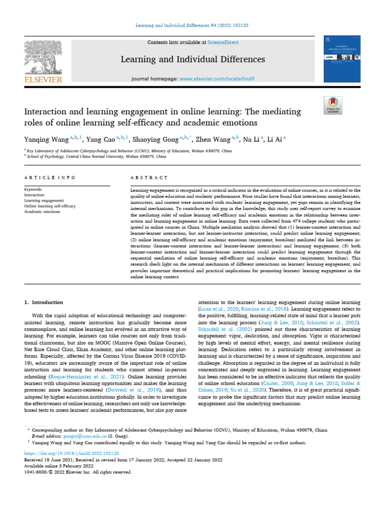 Interaction and Learning Engagement in Online Learning - The Mediating ...