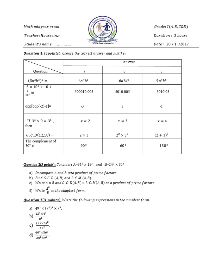 Math Midyear Exam Grade7 | PDF | Elementary Geometry | Euclidean Geometry
