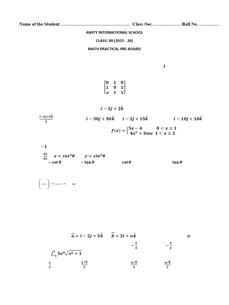 Math Practical Pre-Board 25-26 | PDF | Matrix (Mathematics ...