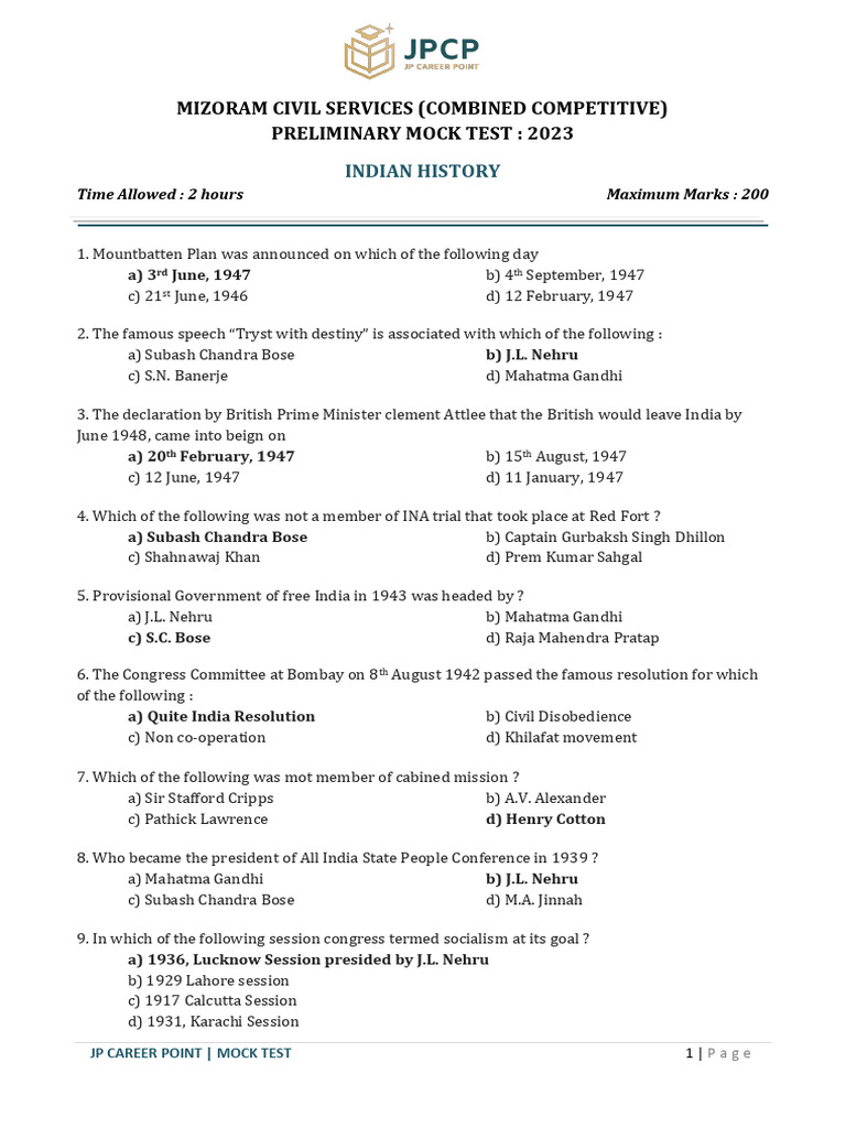 History Test Question With Answer Key | PDF | Indian National Congress ...