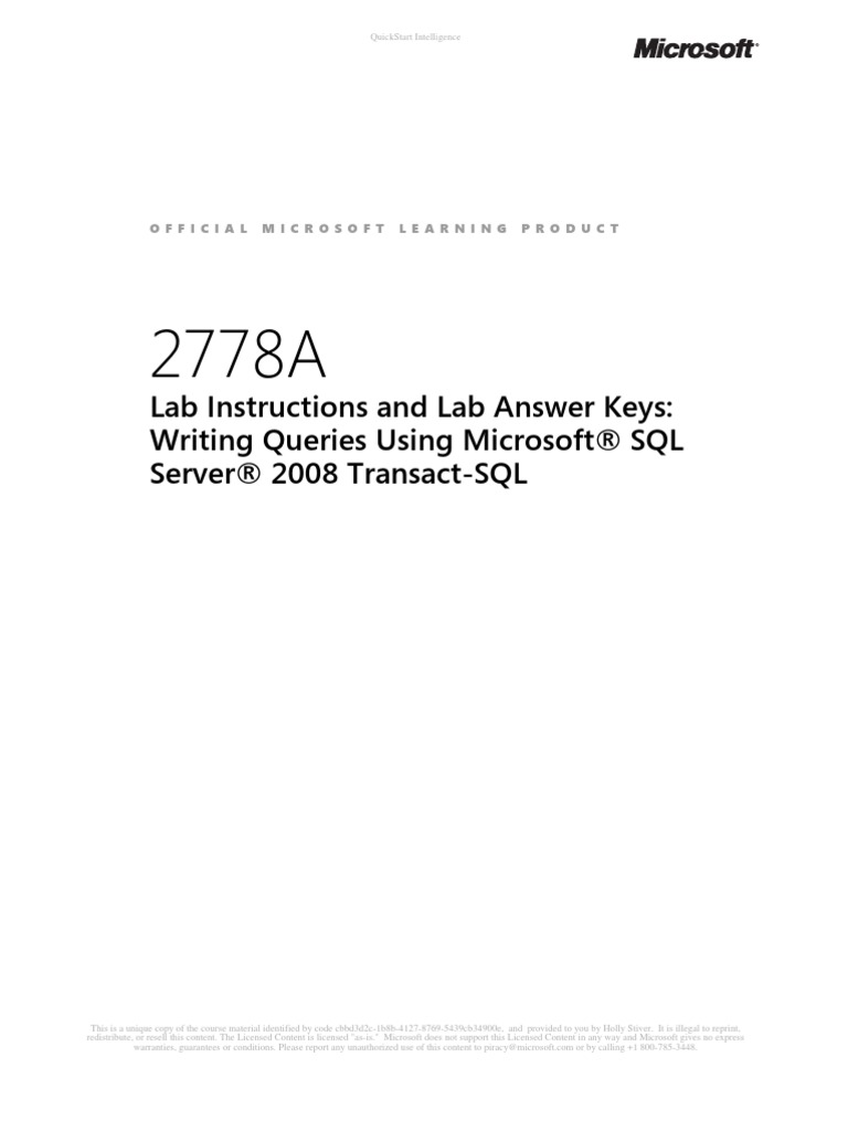 2778A ENU LabManual | PDF | Microsoft Sql Server | Copyright