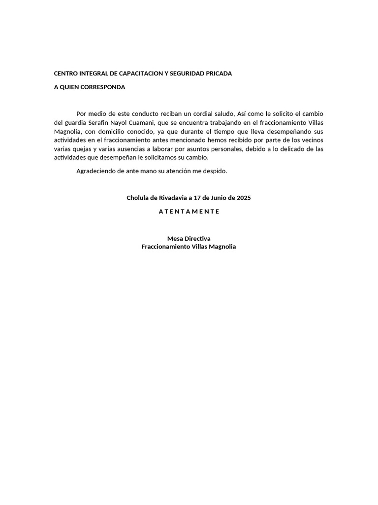 Oficio de Cambio de Guardia 180625 | PDF