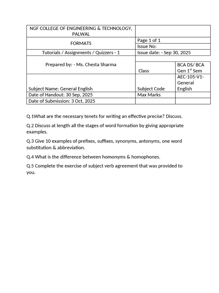 English 1st Sem BCA Assignment 1 | PDF