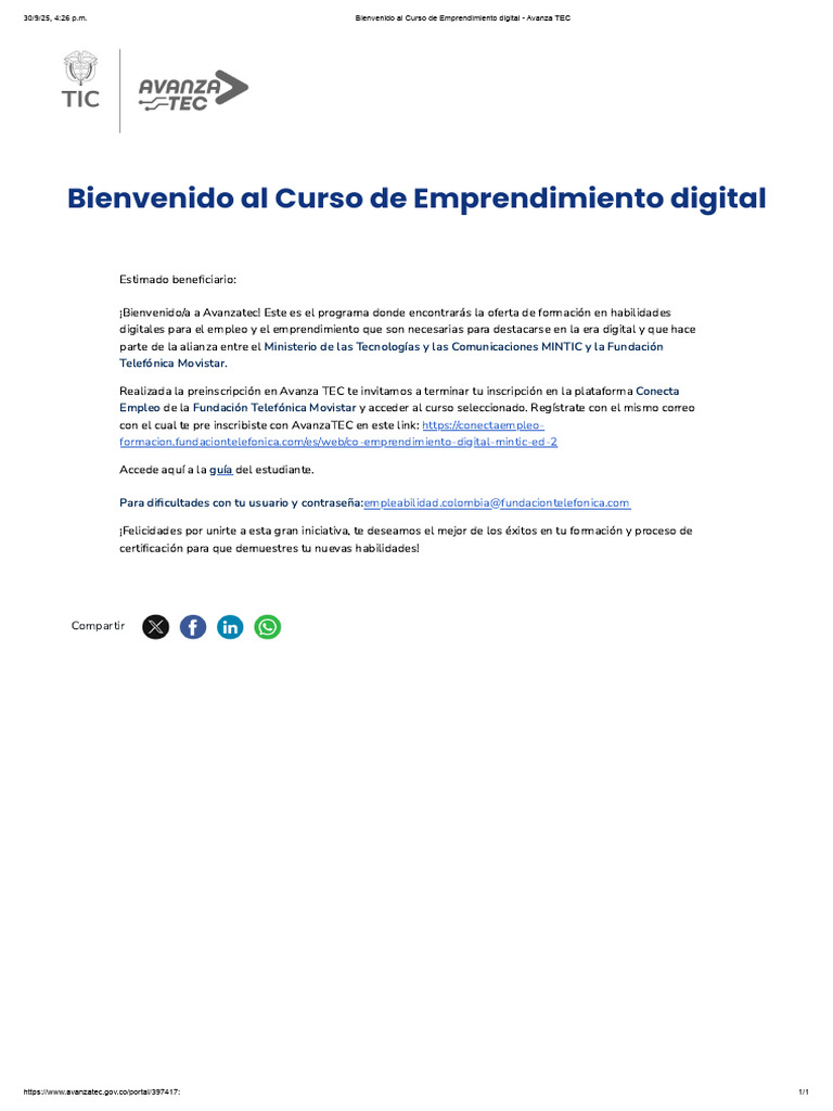 Bienvenido Al Curso de Emprendimiento Digital - Avanza TEC | PDF