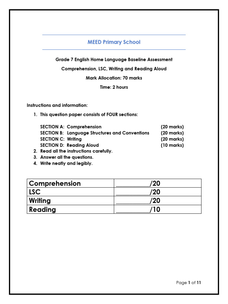 Grade 7 HL Baseline Assessment | PDF | Adverb | Sentence (Linguistics)