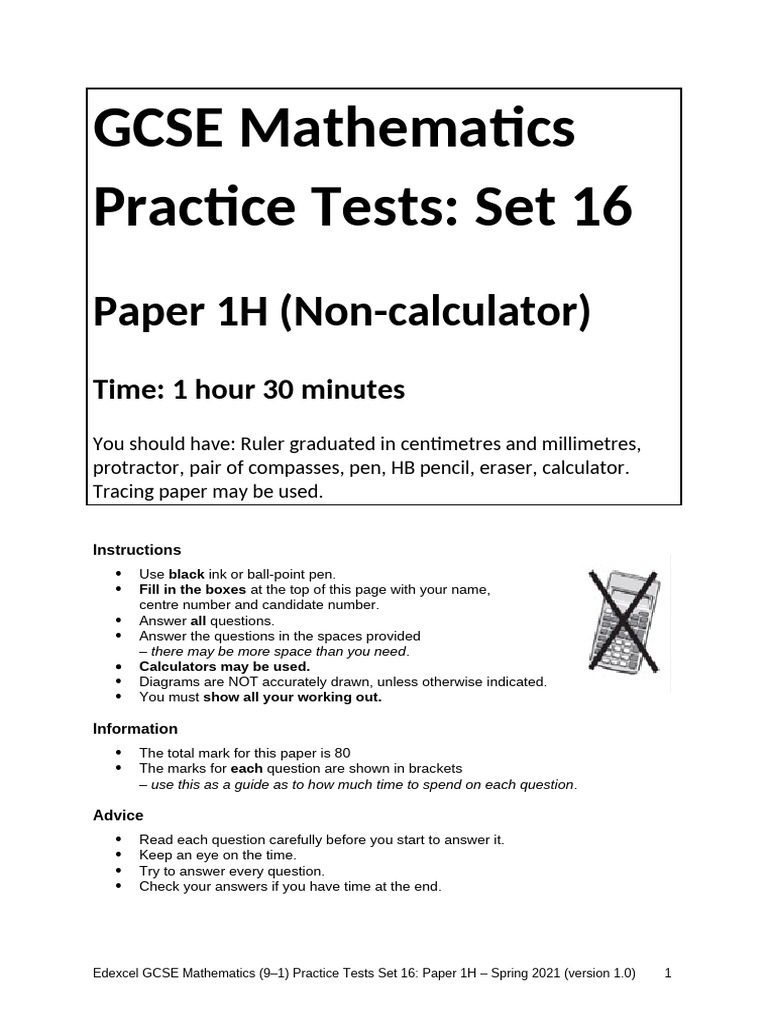 05 Practice Tests Set 16 - Paper 1H | PDF | Mathematics