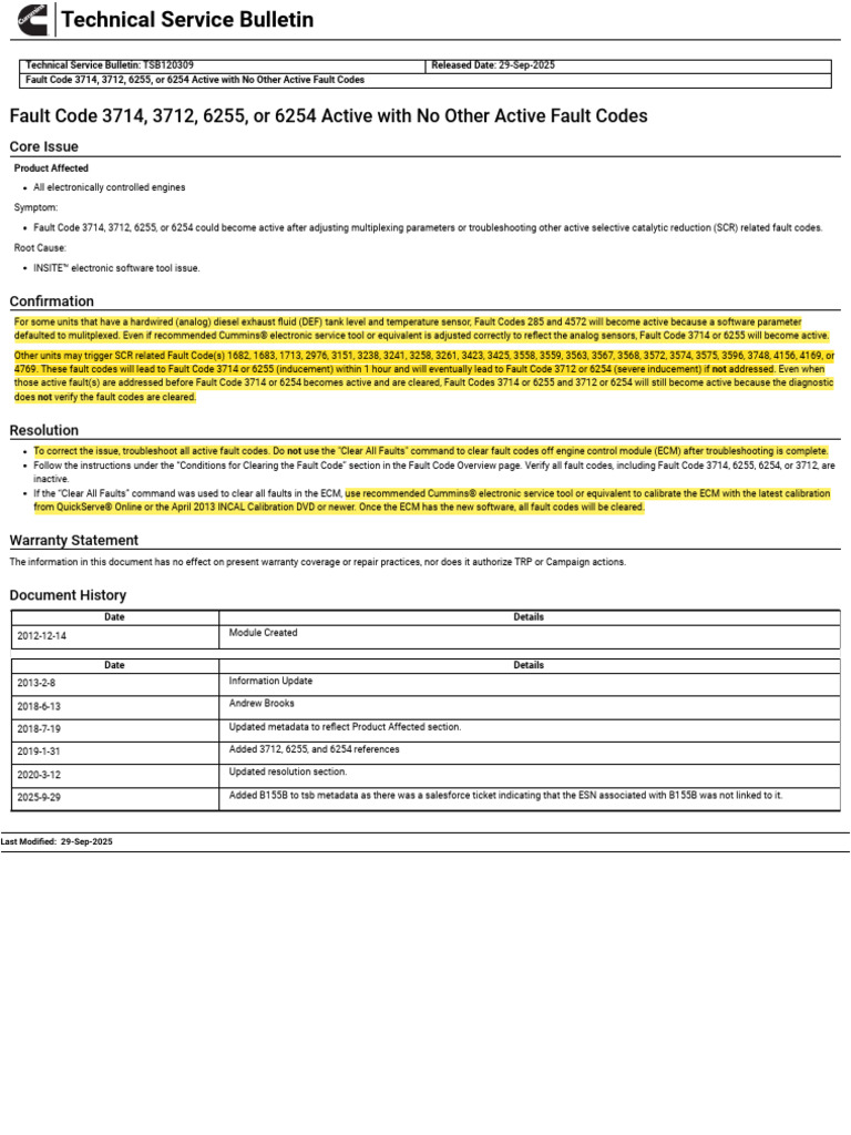 Fault Code 3714, 3712, 6255, or 6254 Active With No Other Active Fault ...