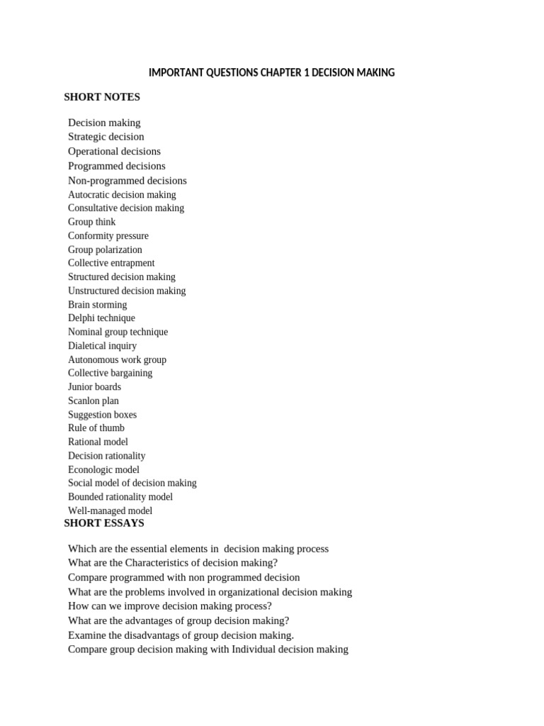 Important Questions Chapter 1 Decision Making | PDF