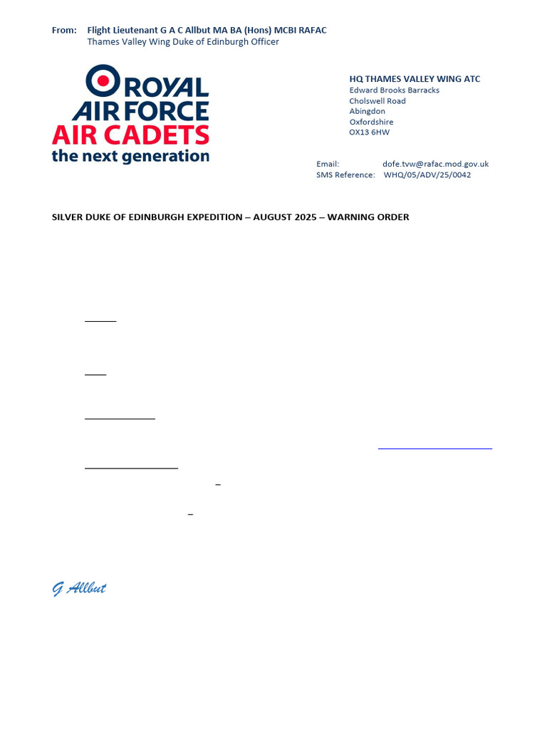 2025-08 - TVW DofE Expedition - WarningOrder - Silver | PDF
