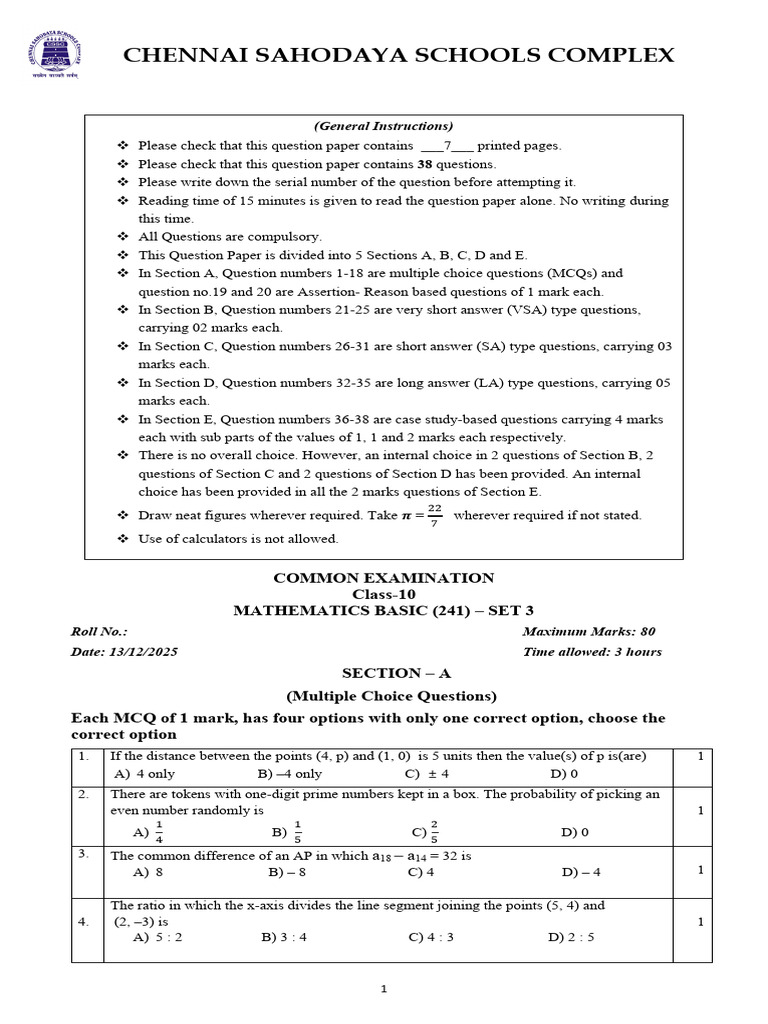 QP Mathematics (Basic 241) 10 Common Examination Set 3 | PDF | Multiple ...