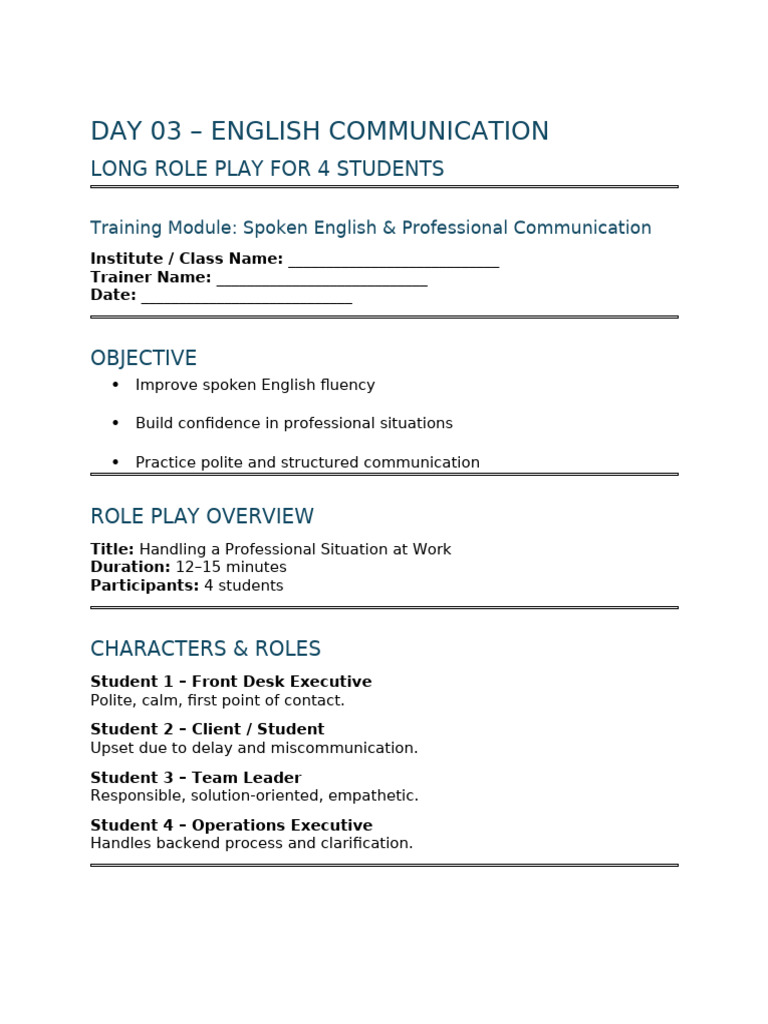 Day 03 - English Role Play (4 Students) | PDF | Linguistics | Human ...