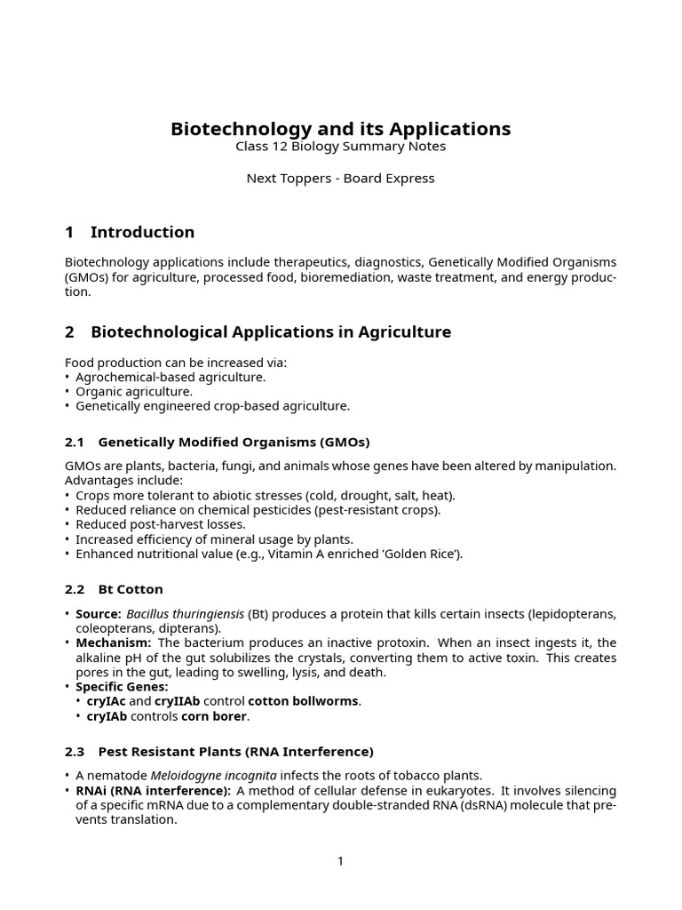 Biotechnology Applications Notes | PDF | Genetically Modified Organism ...