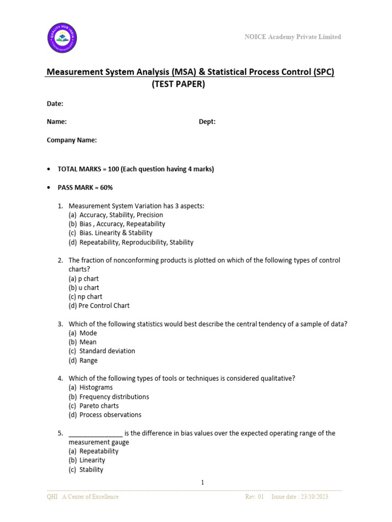 Msa + Spc Test Paper (Qhi) | PDF | Accuracy And Precision | Statistics