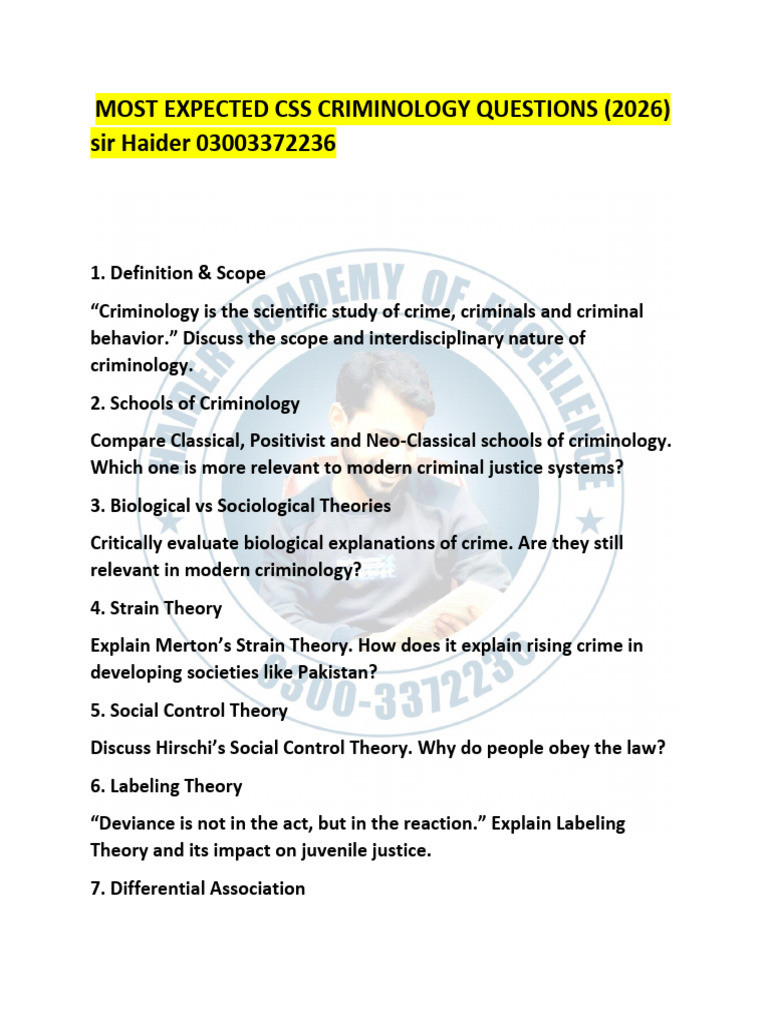 CSS CRIMINOLOGY Guess Paper by Sir Haider 03003372236 | PDF ...