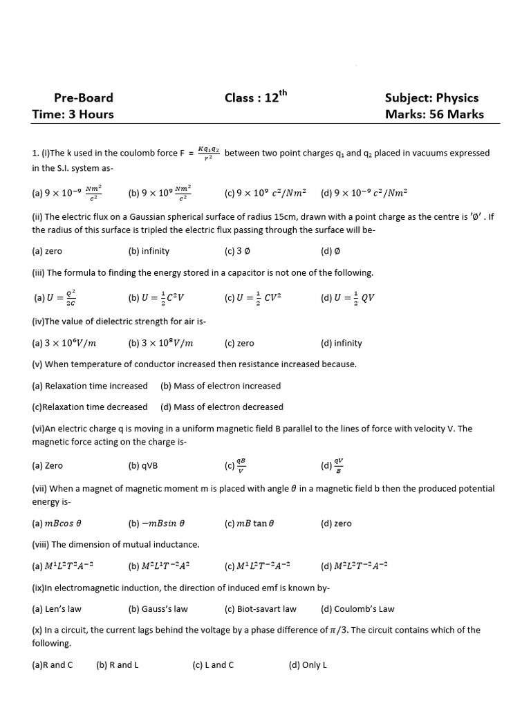 12th Physics 4th Preboard 2026_copy | PDF | Transformer | Magnetic Field