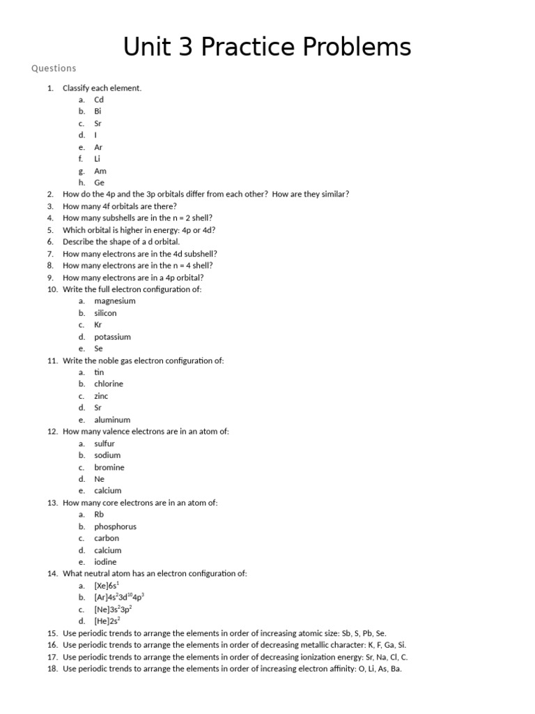 1020 Unit 3 Practice Problems | PDF | Electron Configuration | Chemical ...