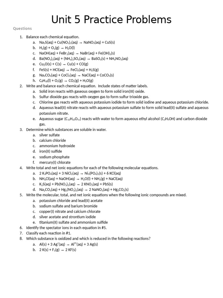 1020 Unit 5 Practice Problems | PDF | Aqueous Solution | Oxide