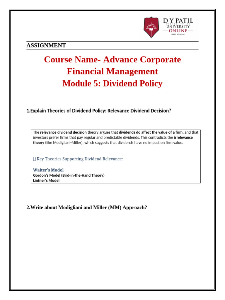 Assignment Module 5 Dividend Policy | PDF | Dividend | Corporations