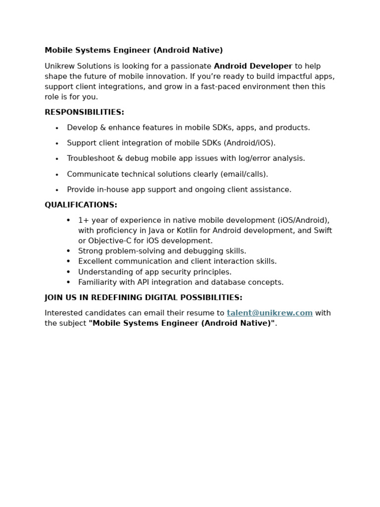 Mobile System Engineer JD - Unikrew Solutions | PDF