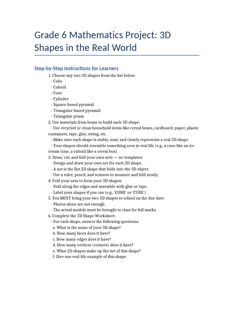 Grade6 3D Shapes Project | PDF | Shape