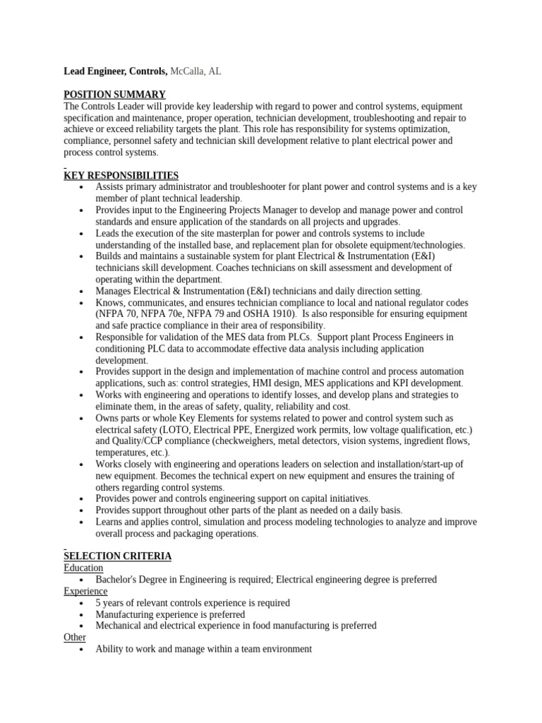 Lead Engineer, Controls, Mccalla, AL | PDF | Engineering | Programmable ...