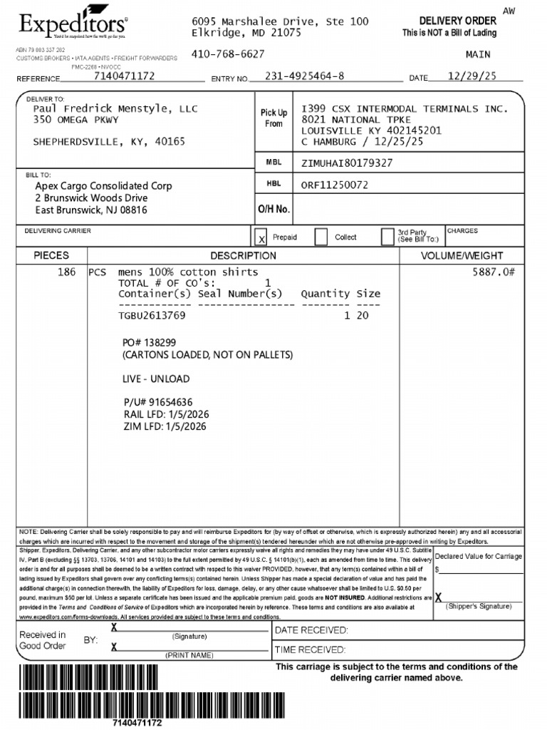 TGBU2613769 Delivery Order | PDF