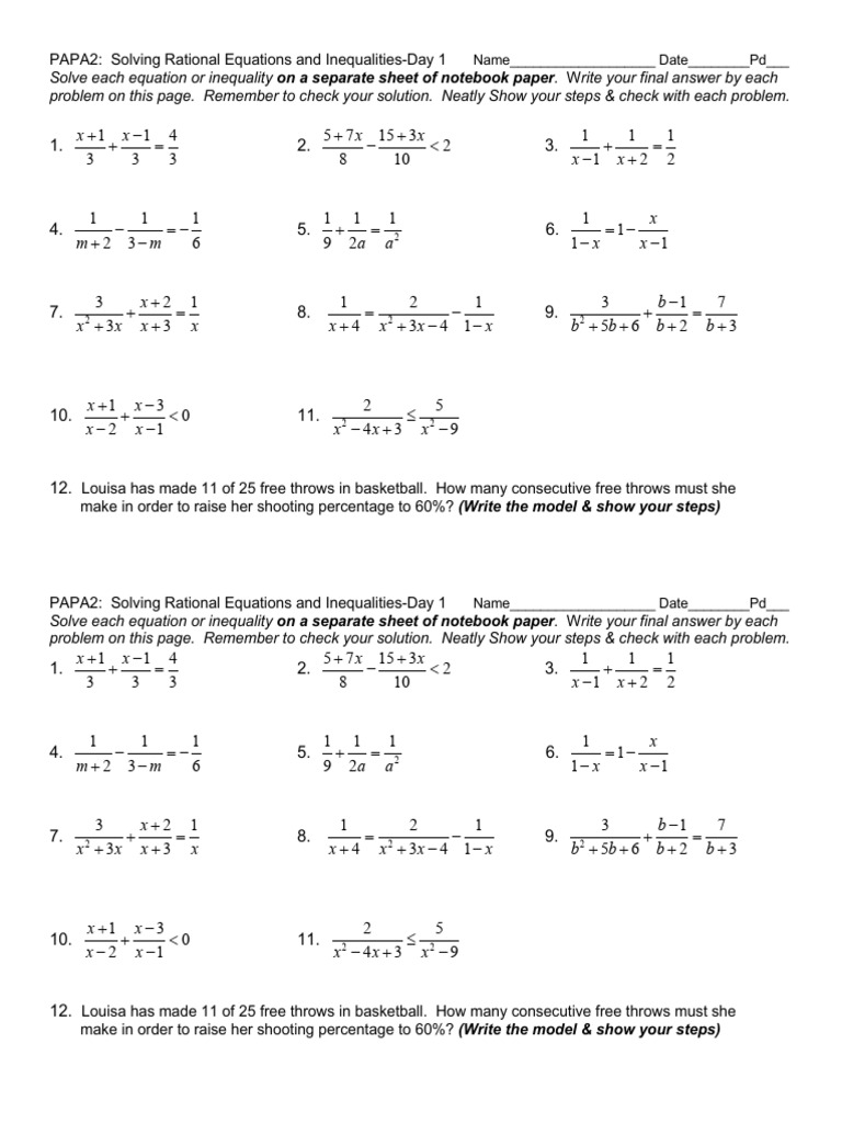 Day 5 - HW Solving Rational Equations and Inequalities | PDF ...