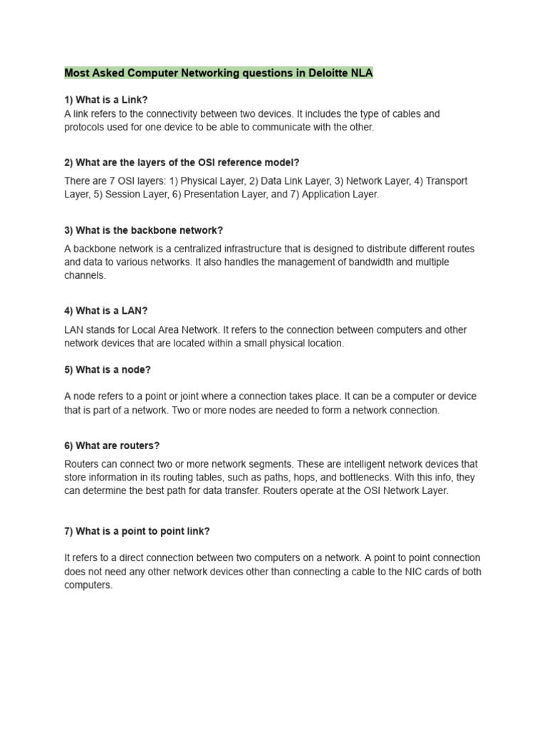 Most Asked Computer Networking Questions in Deloitte NLA | PDF ...