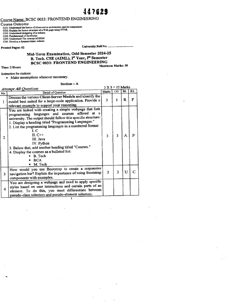 Mid Sem Question Paper | PDF